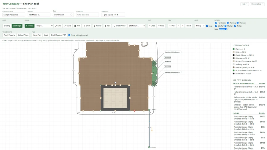 Patio shape with live material cost breakdown